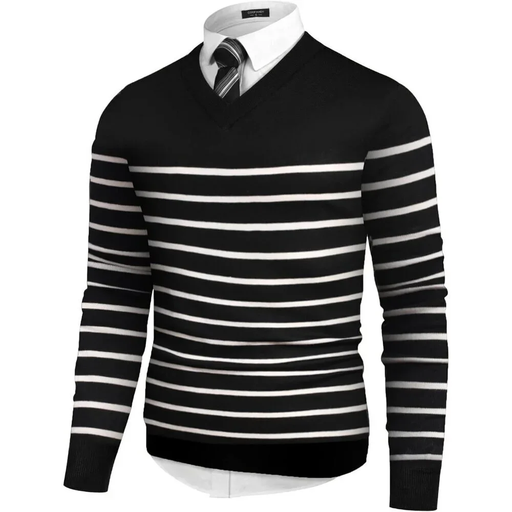 Mens V Neck Dress Sweater Knit Long Sleeve Slim Fit Sweaters Fashion Pullover Sw